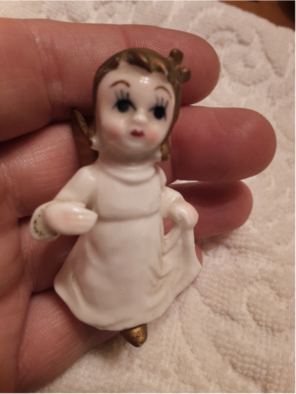 Vintage Miniature Angel Bone China with Golden wings & Hair Long white dress
